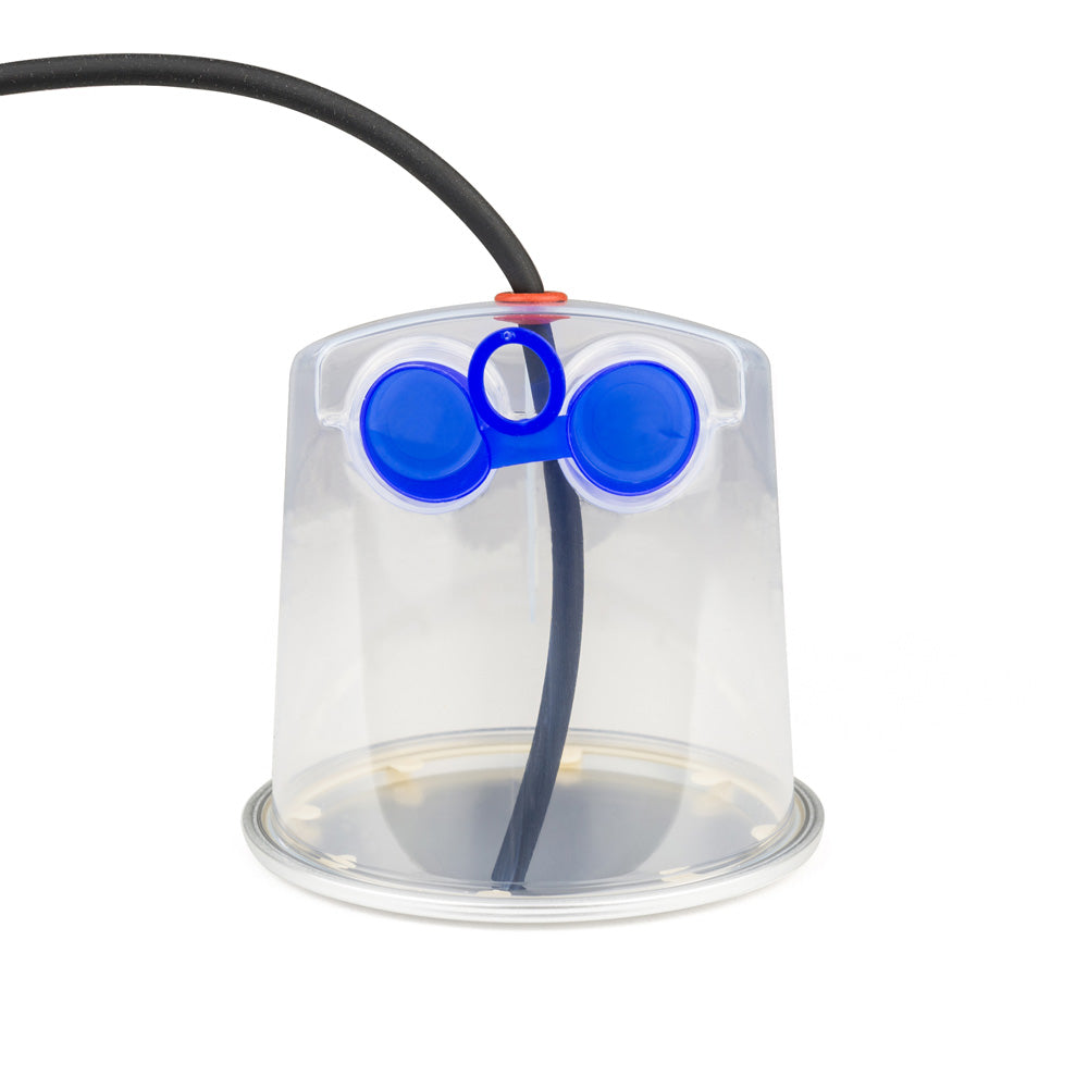 Front view of clear plastic adapter with blue connections for Fisher & Paykel.